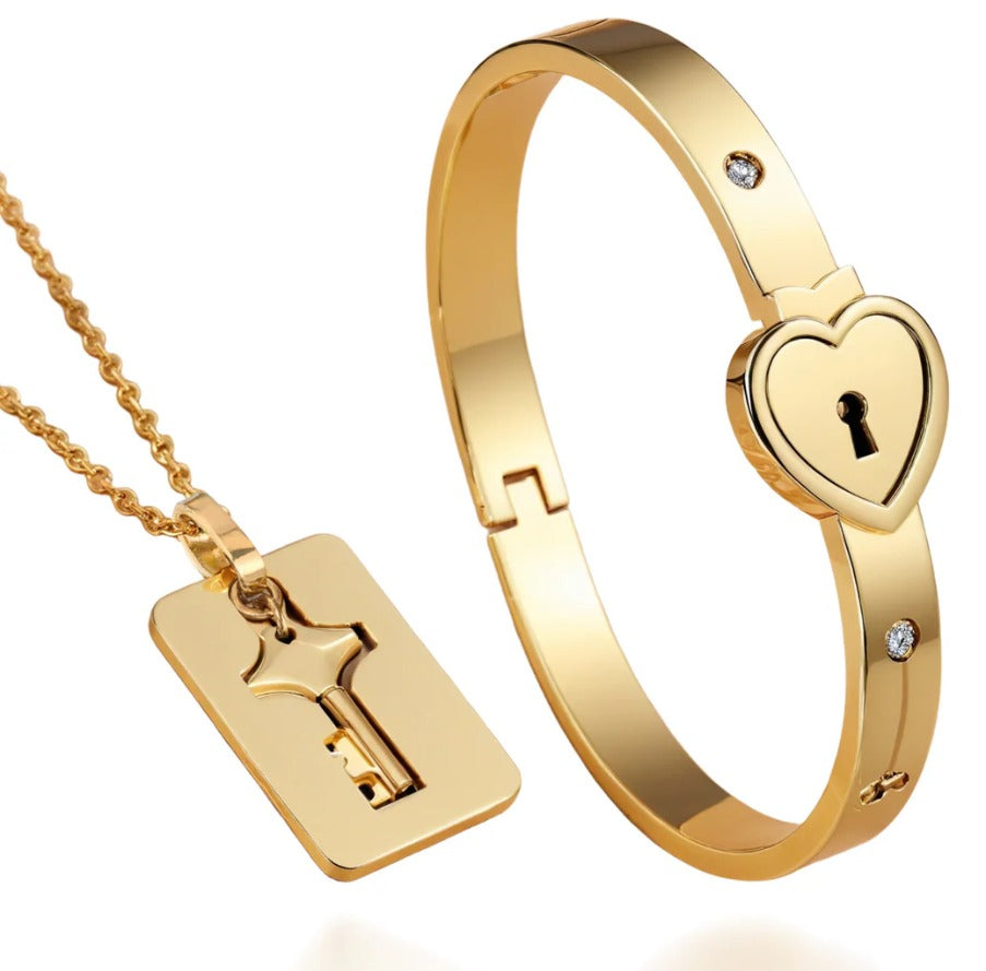 Delicado Juego de Joyas para Pareja con Candado de Corazón de Acero Inoxidable Chapado en Oro y Circonita